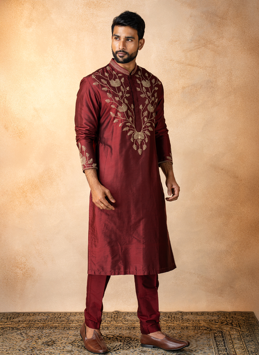 Maroon with Gold Tulips Kurta Set