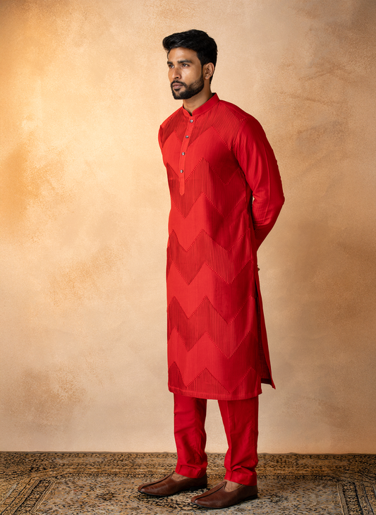 Red Chevron Pintuck Kurta Set