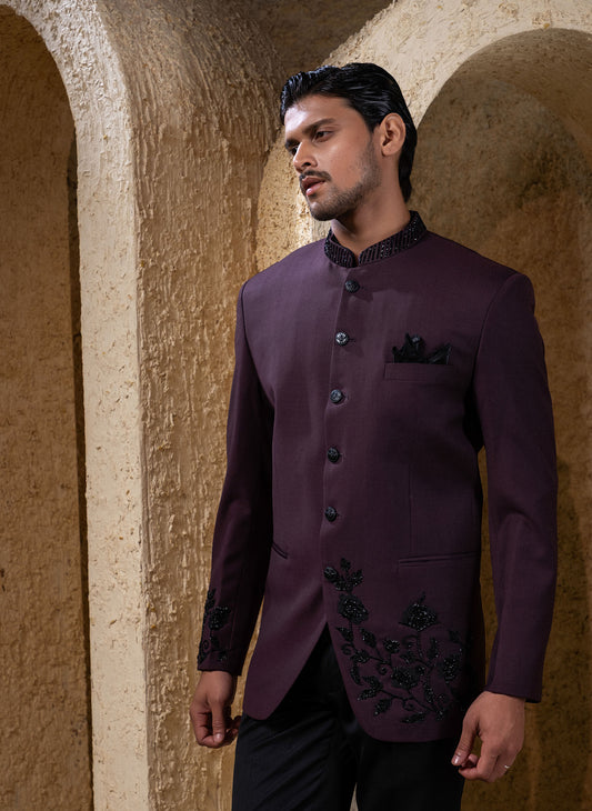 Wine & Black Bandhgala Set