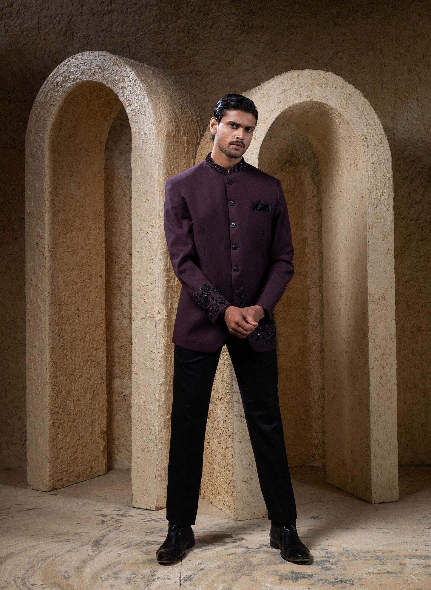 Wine & Black Bandhgala Set