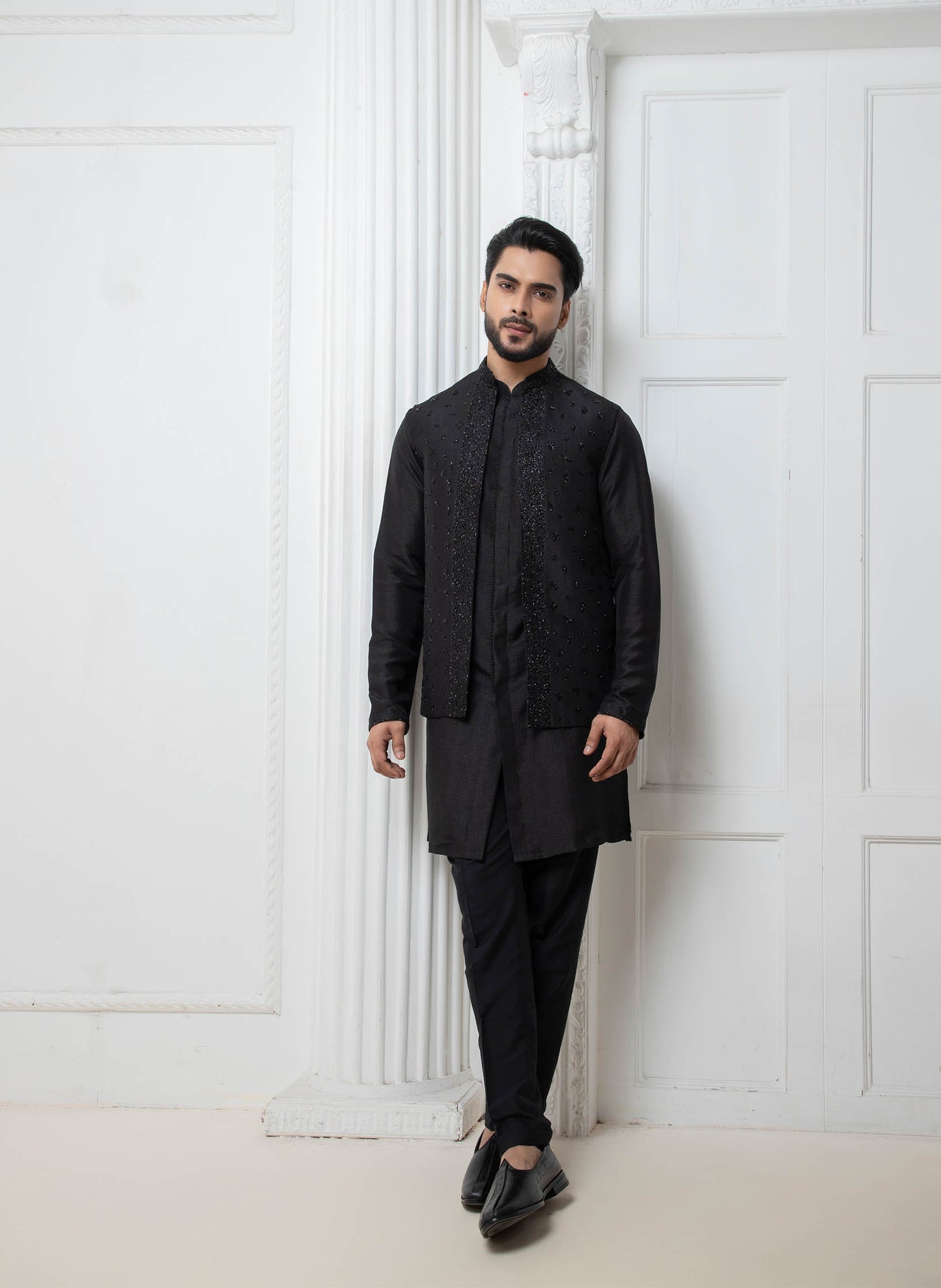 Black Open Jacket with Short Kurta Set