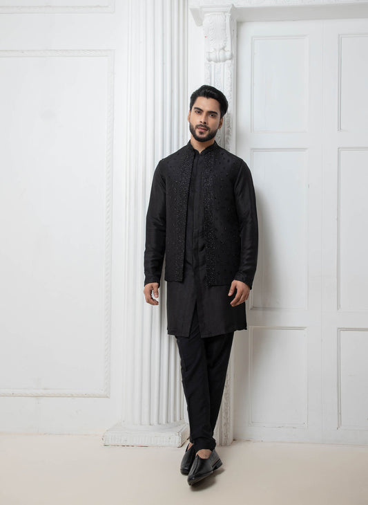 Black Open Jacket with Short Kurta Set