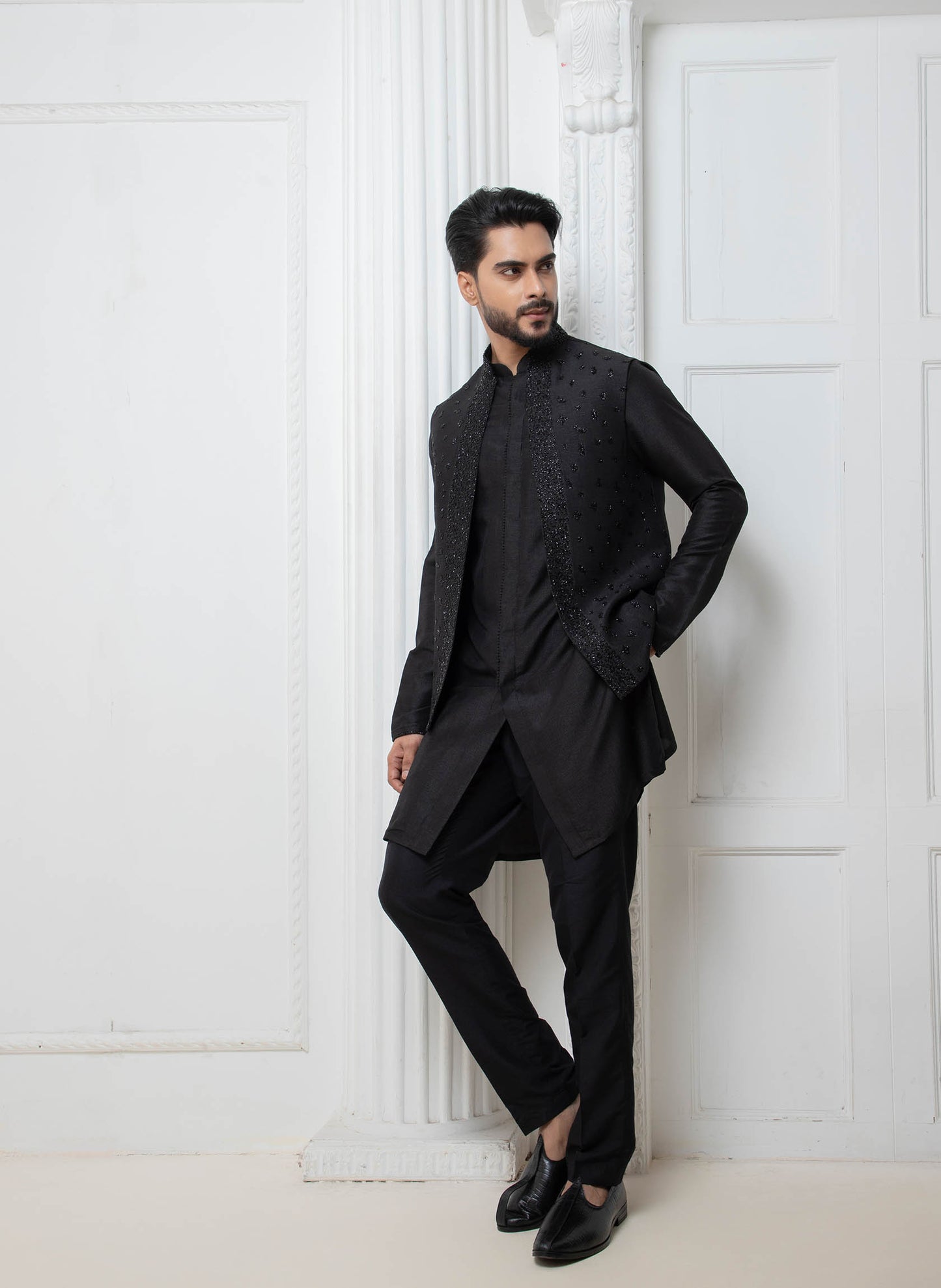 Black Open Jacket with Short Kurta Set