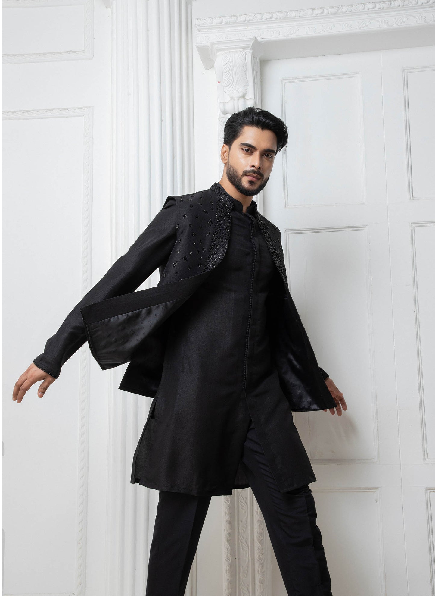 Black Open Jacket with Short Kurta Set