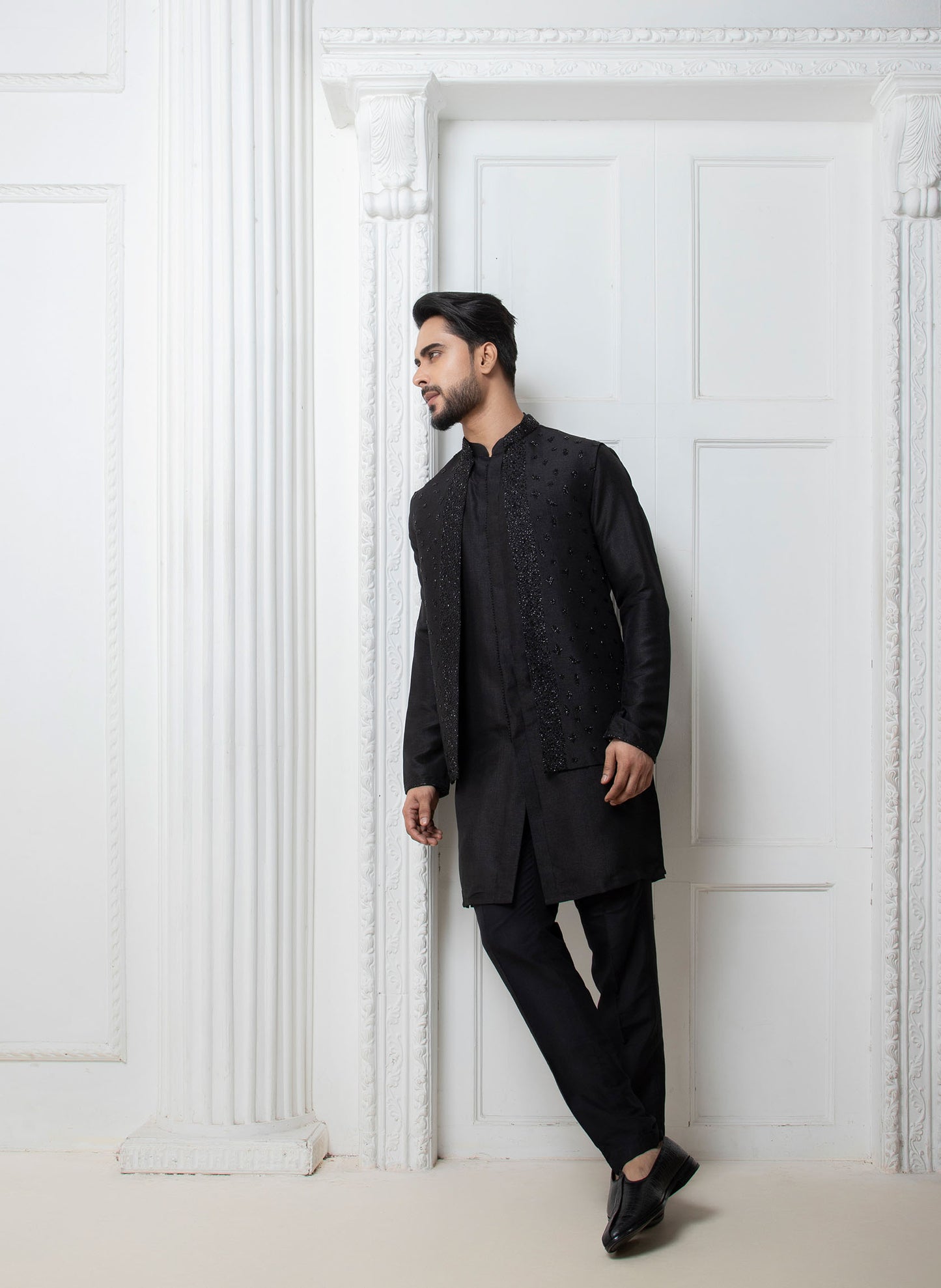 Black Open Jacket with Short Kurta Set