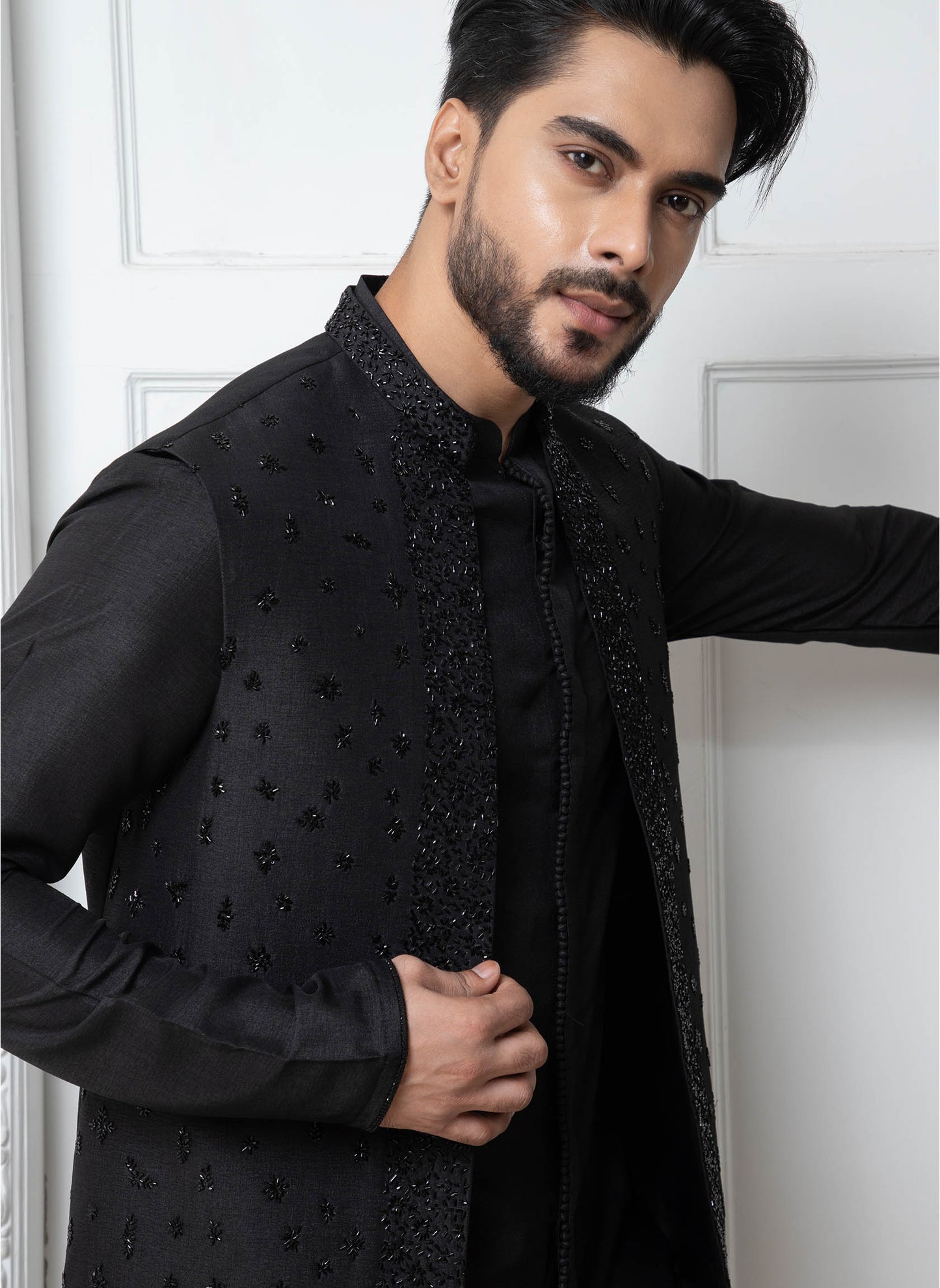 Black Open Jacket with Short Kurta Set