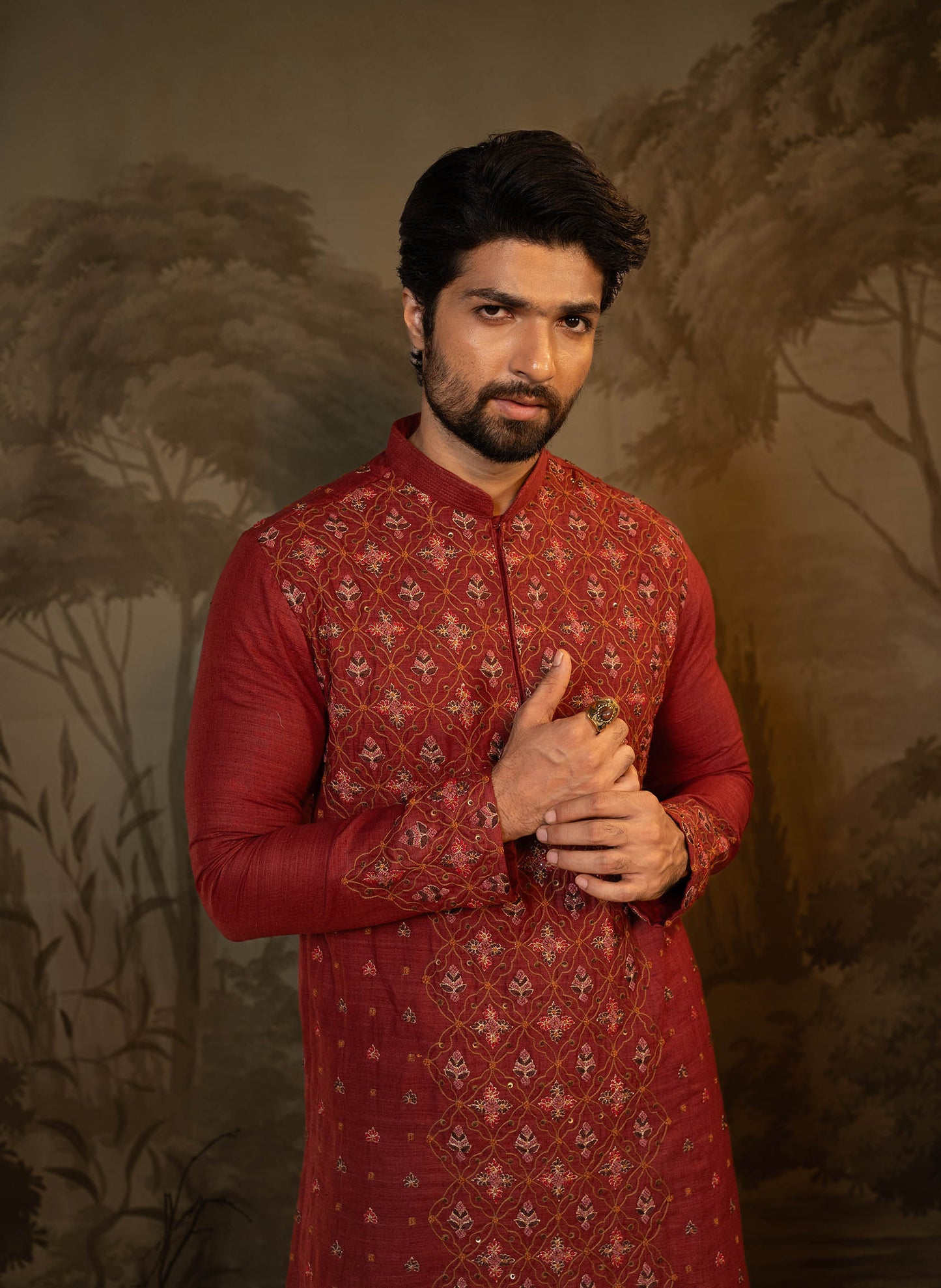 maroon-silk-hand-embroidery-kurta-set