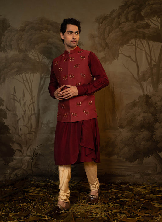 maroon-elephant-embroidered-jacket-with-kurta-set