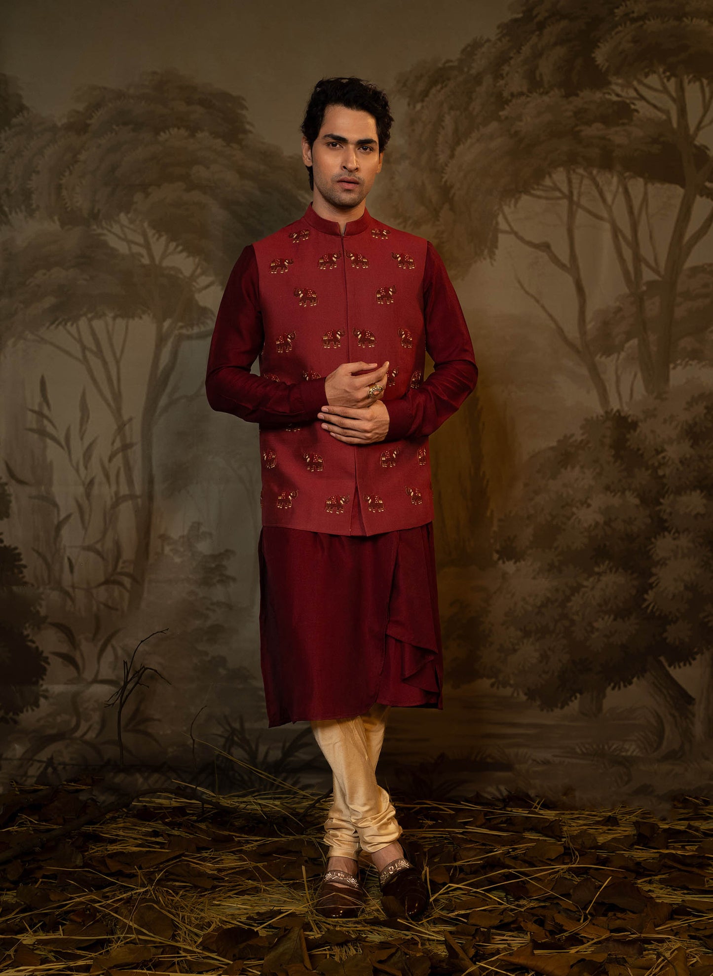 maroon-elephant-embroidered-jacket-with-kurta-set