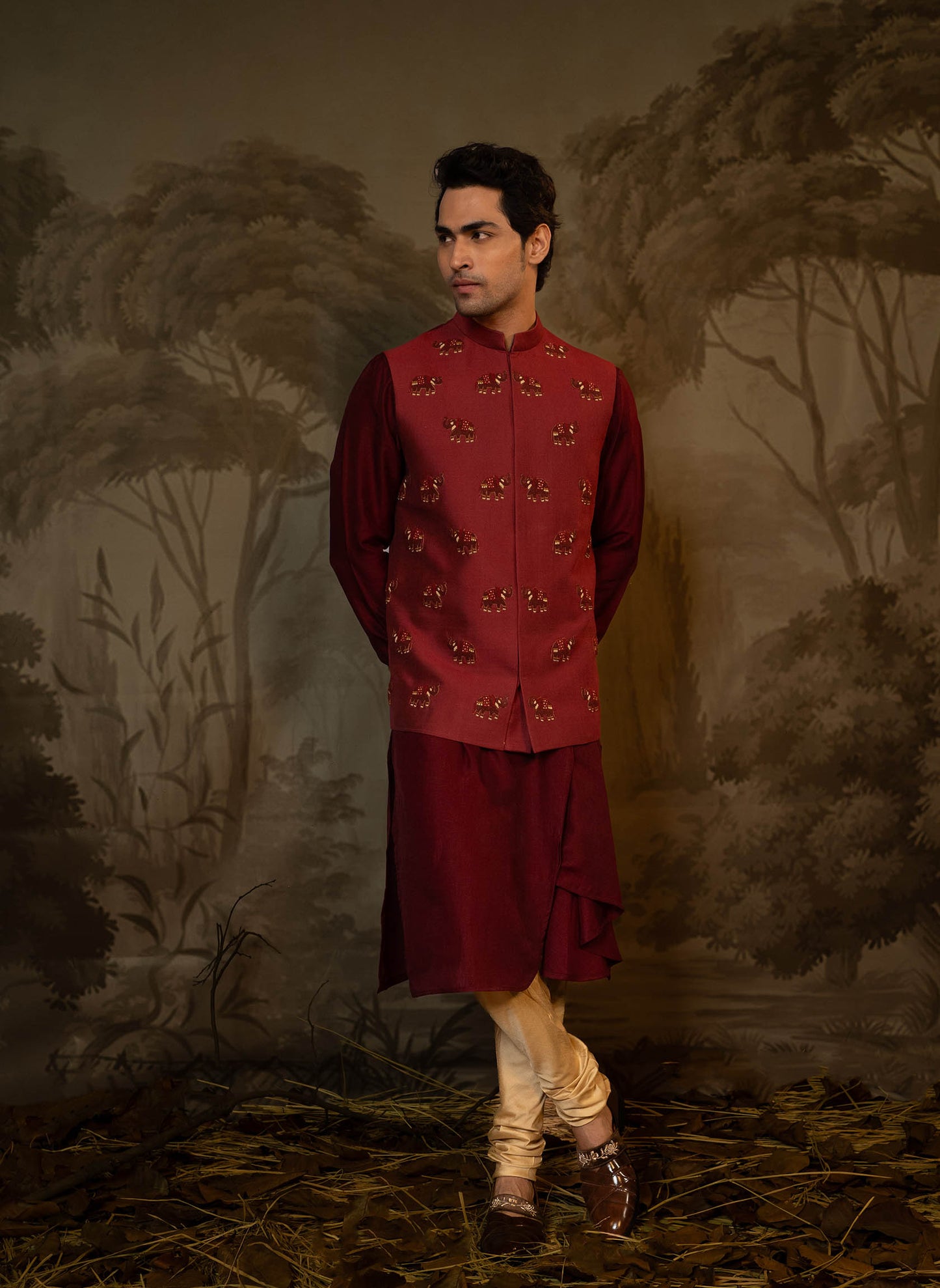 maroon-elephant-embroidered-jacket-with-kurta-set