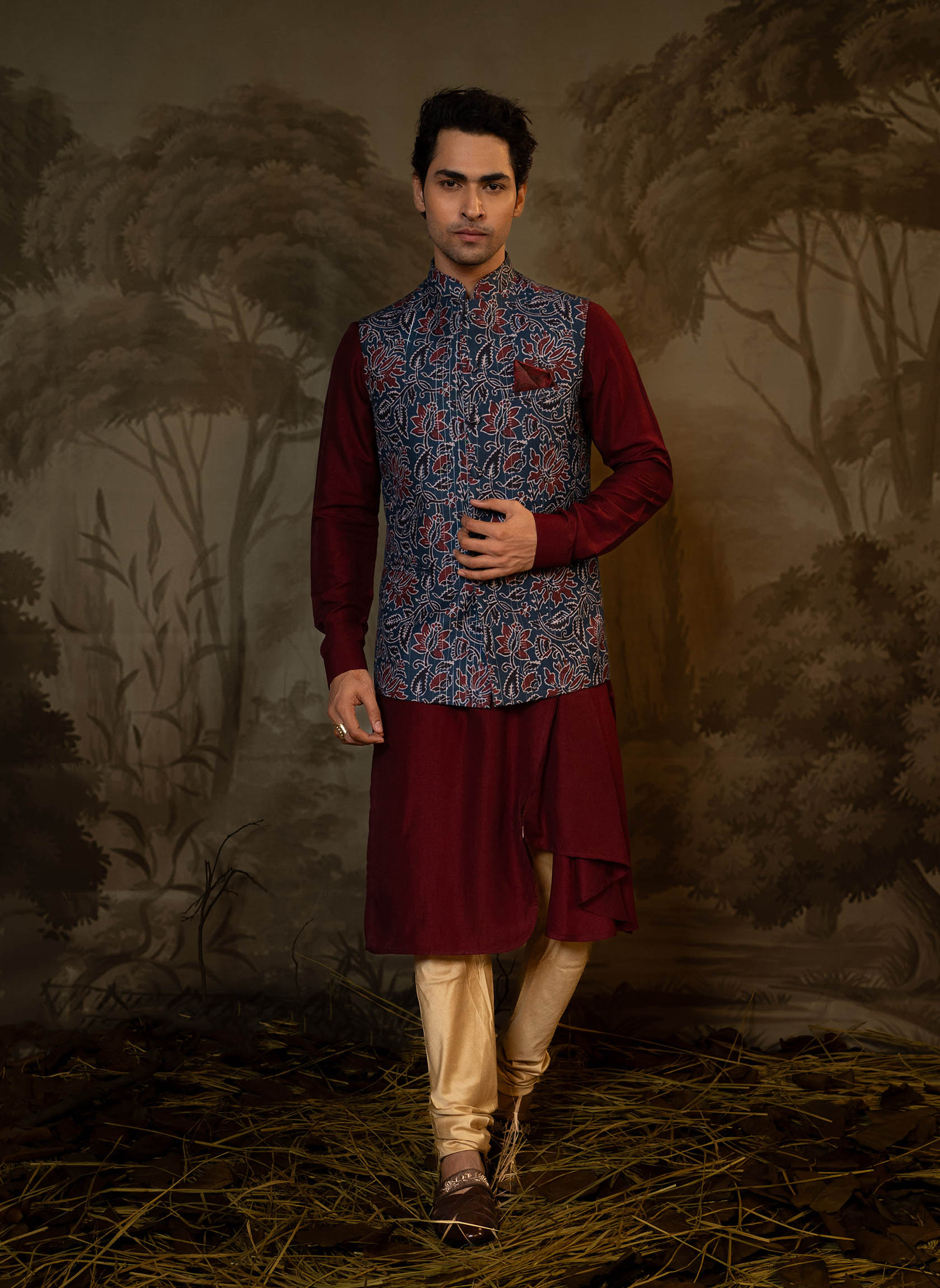 navy-floral-printed-jacket-with-maroon-kurta-set
