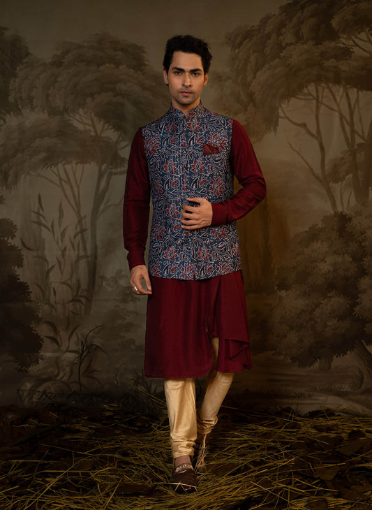 navy-floral-printed-jacket-with-maroon-kurta-set