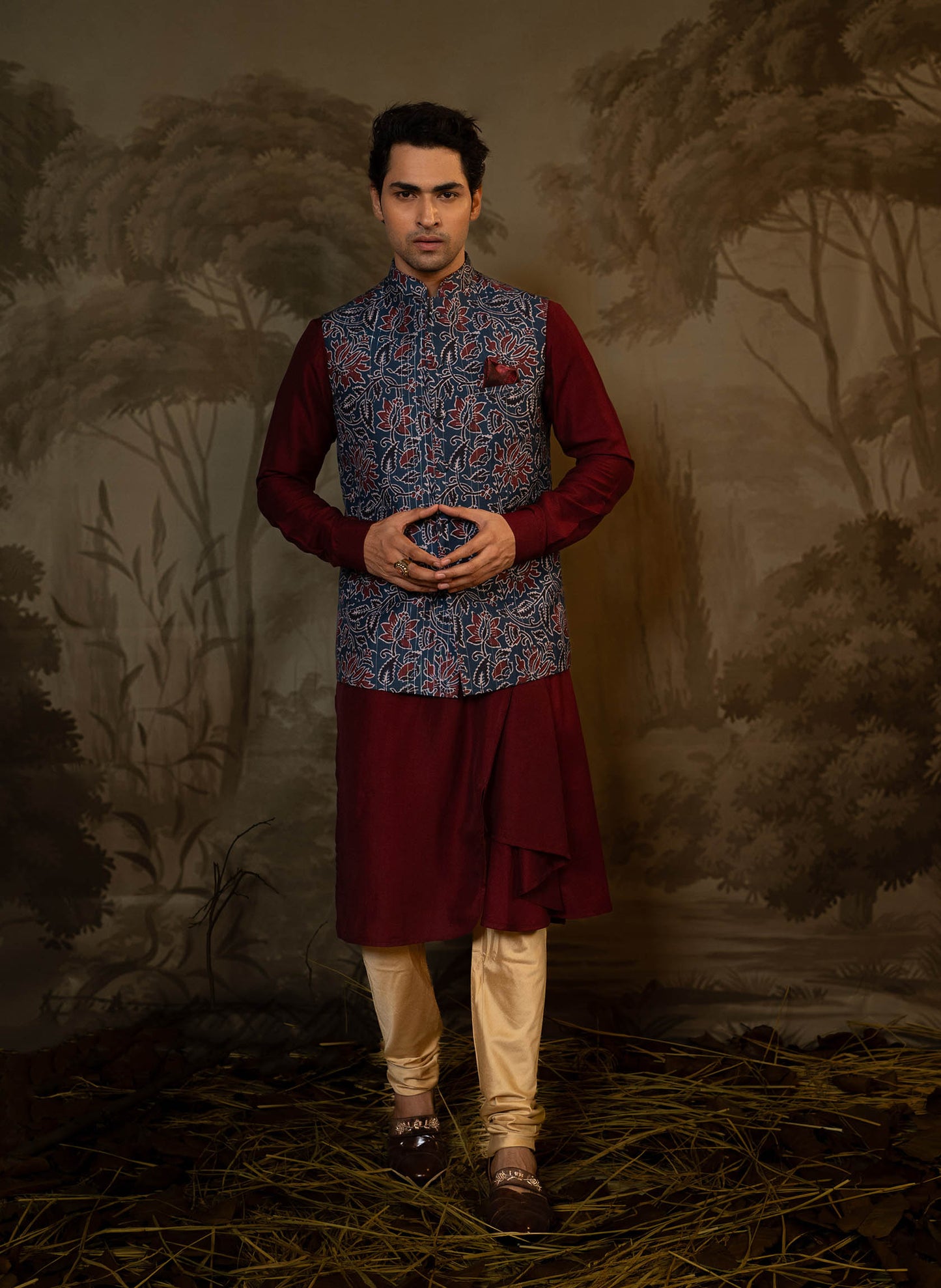 navy-floral-printed-jacket-with-maroon-kurta-set