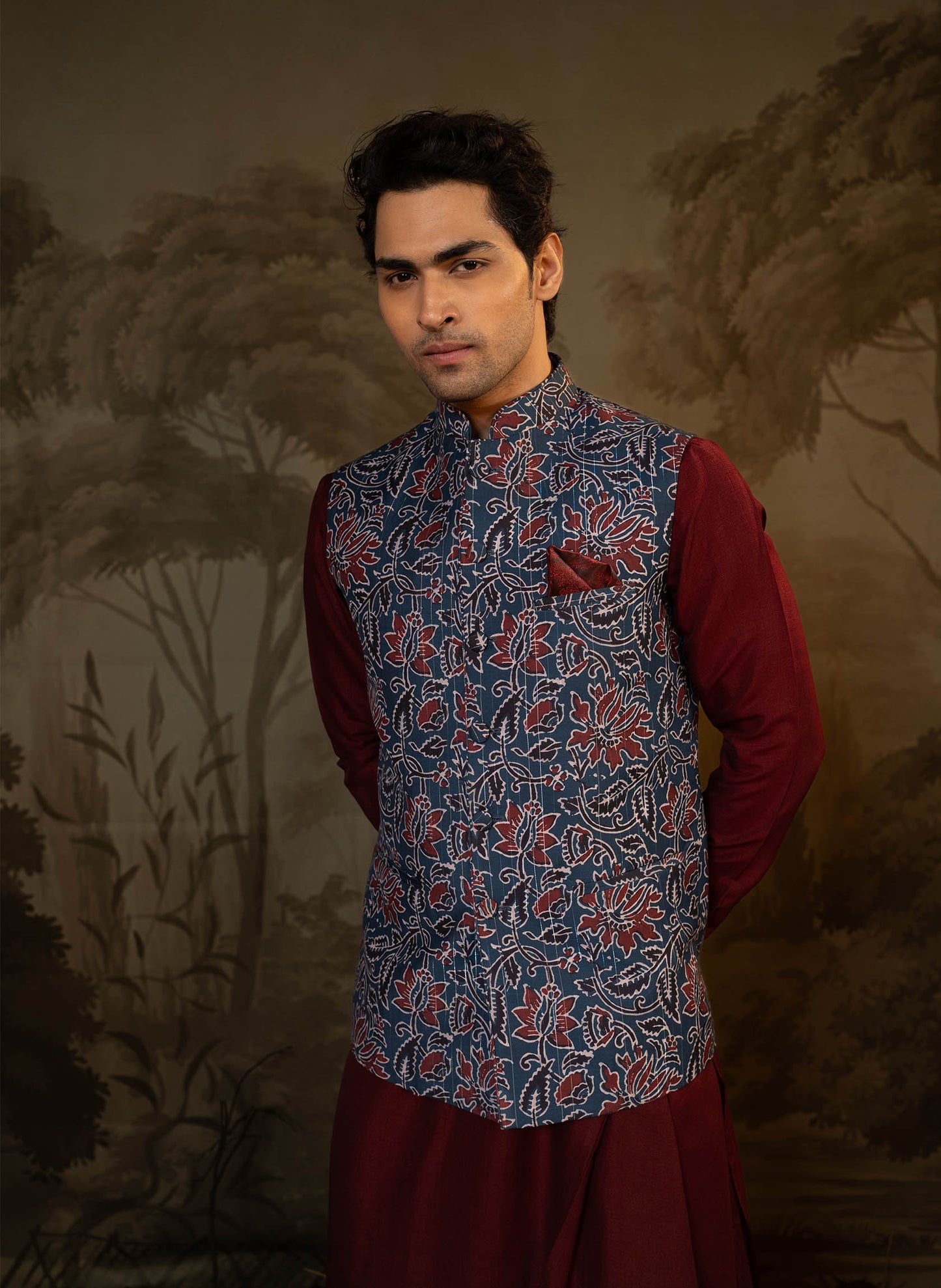 navy-floral-printed-jacket-with-maroon-kurta-set