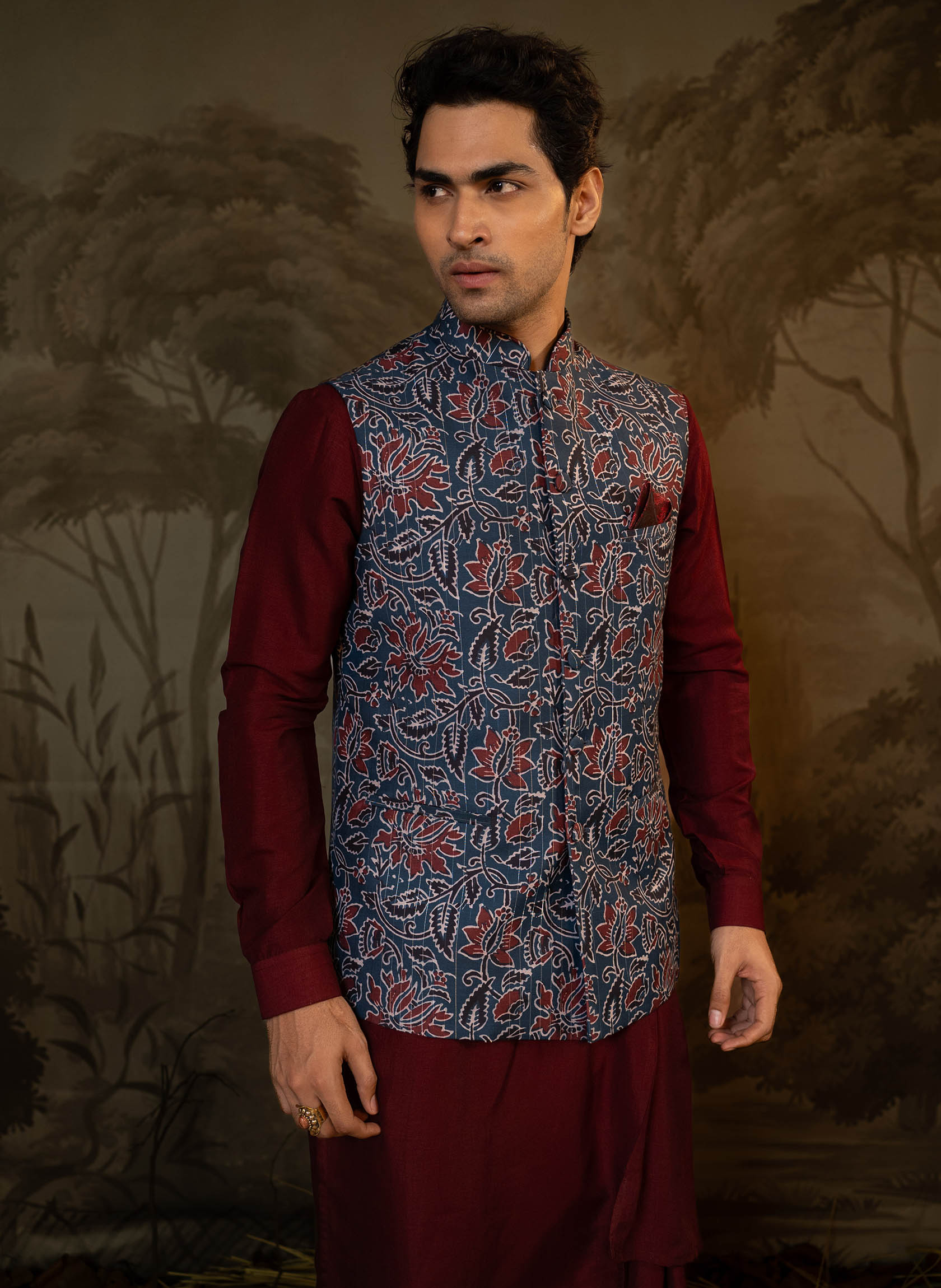 navy-floral-printed-jacket-with-maroon-kurta-set