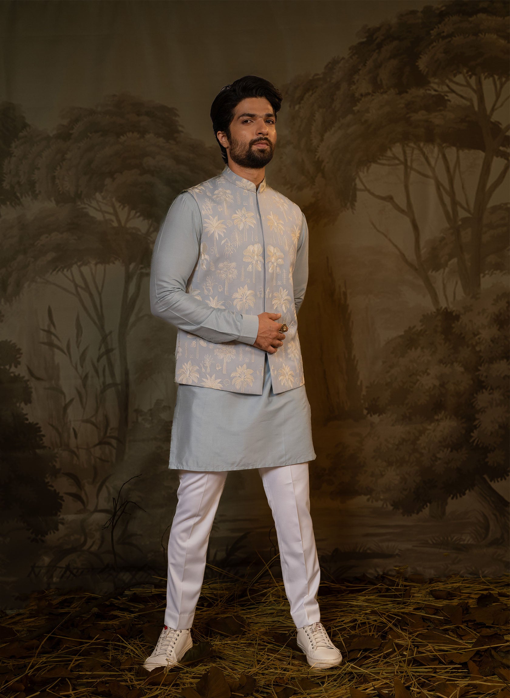 Powder Blue Embroidered Jacket with Short Kurta Set β Darshika