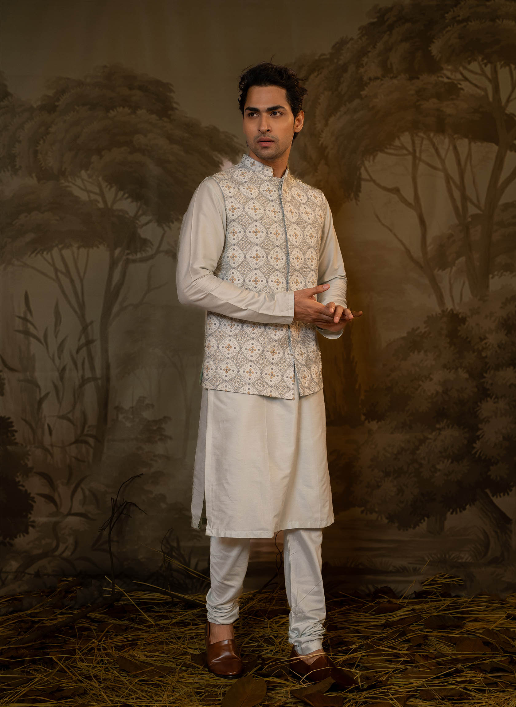 aqua-french-knot-jacket-with-kurta-set