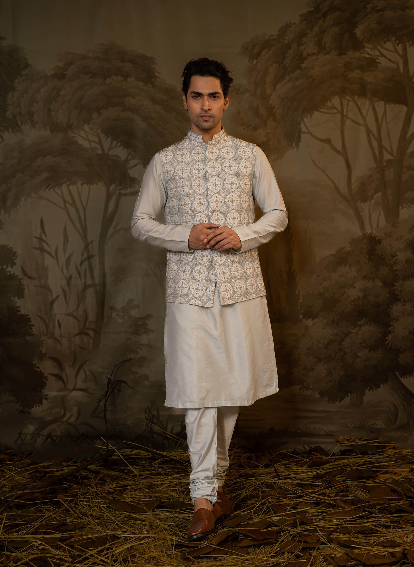 aqua-french-knot-jacket-with-kurta-set