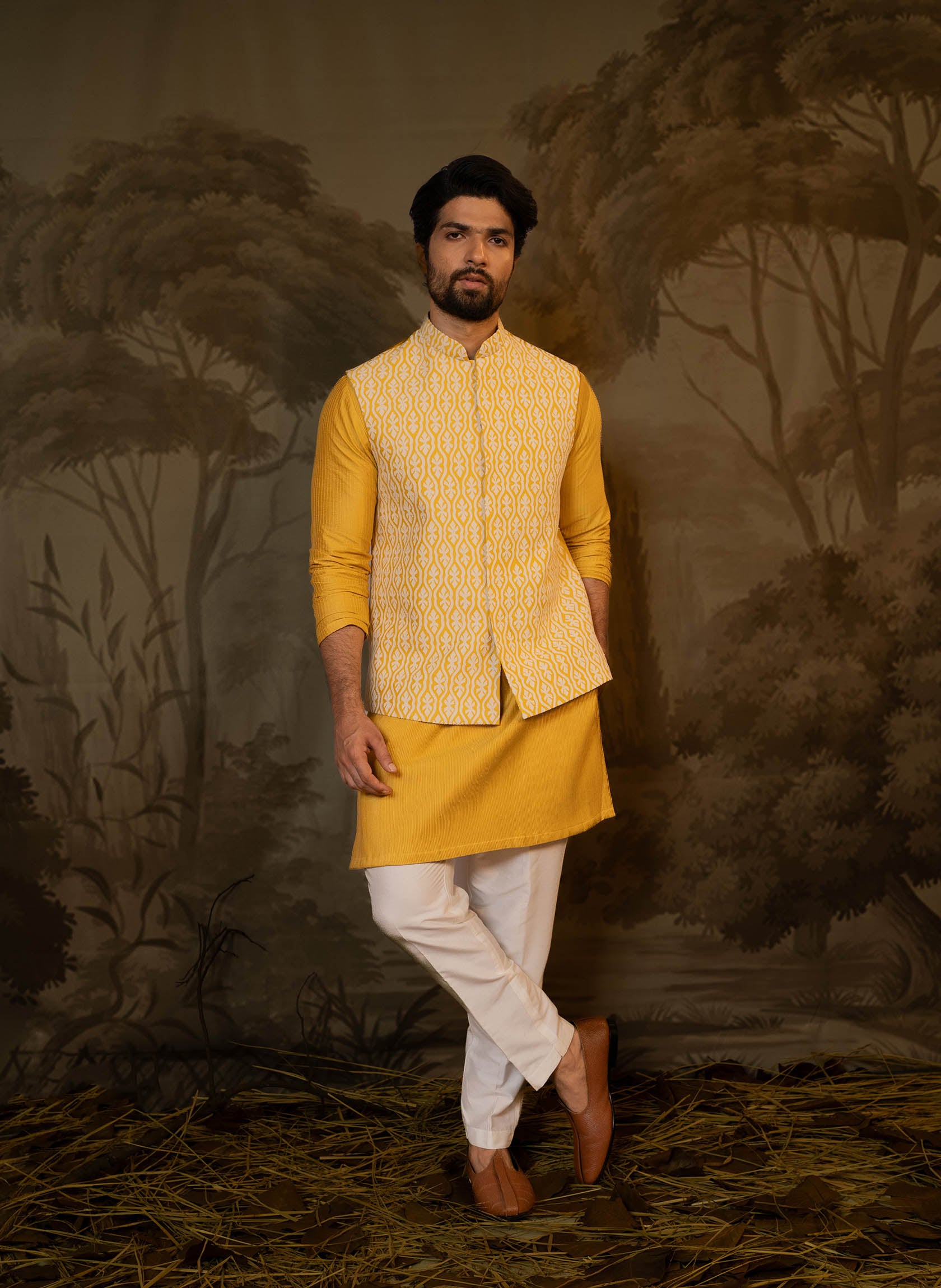 mustard-applique-jacket-with-pleated-kurta-set