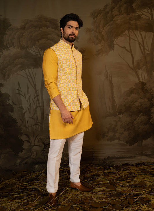 mustard-applique-jacket-with-pleated-kurta-set