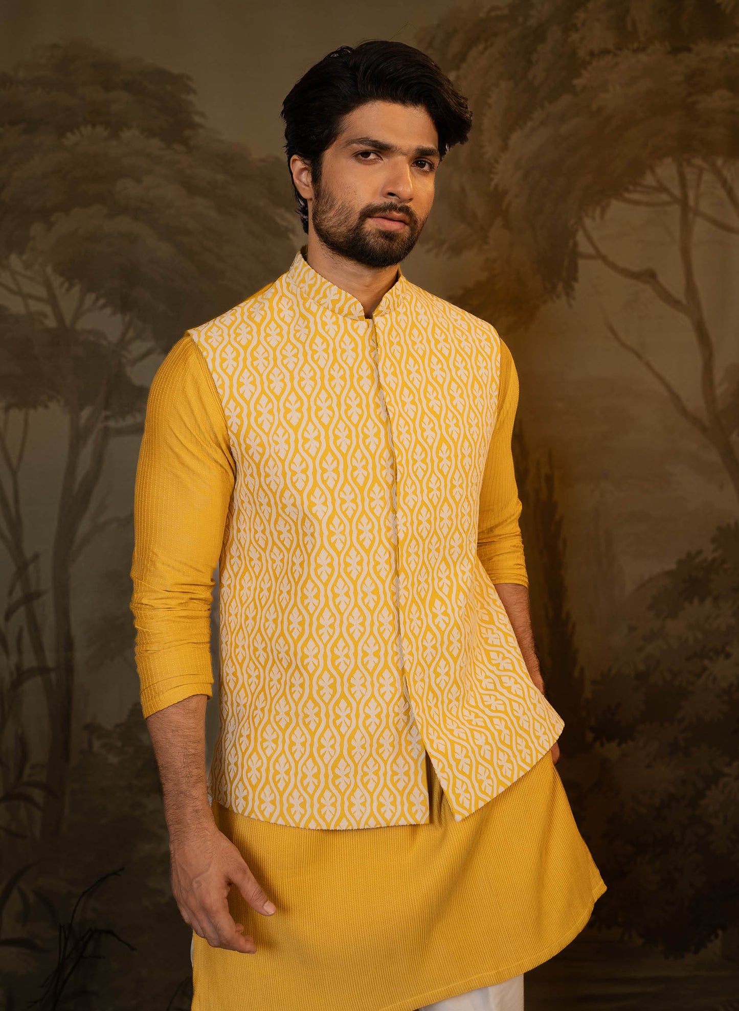 mustard-applique-jacket-with-pleated-kurta-set