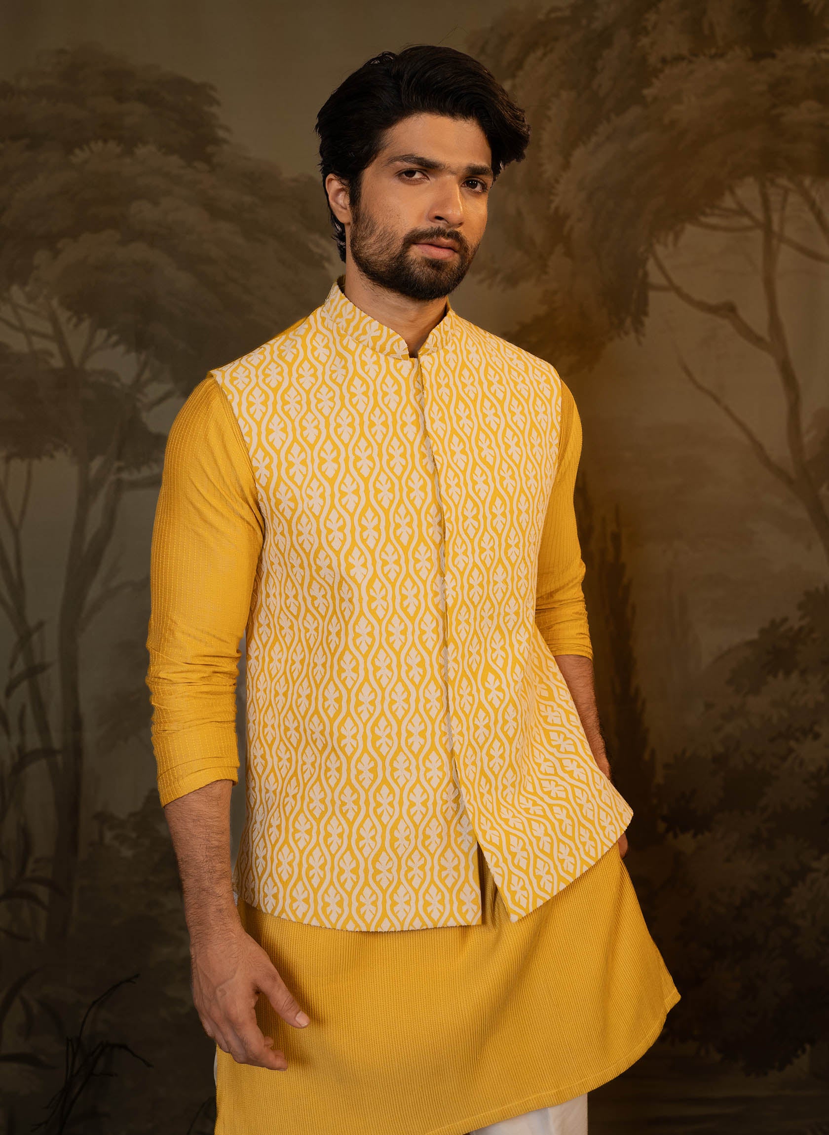 mustard-applique-jacket-with-pleated-kurta-set