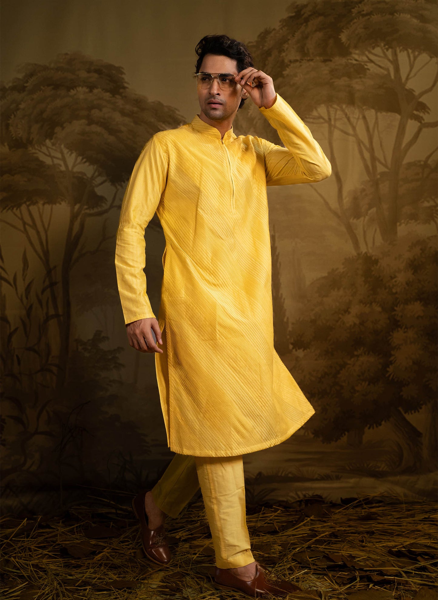 yellow-pintuck-kurta-set-with-zipper-opening