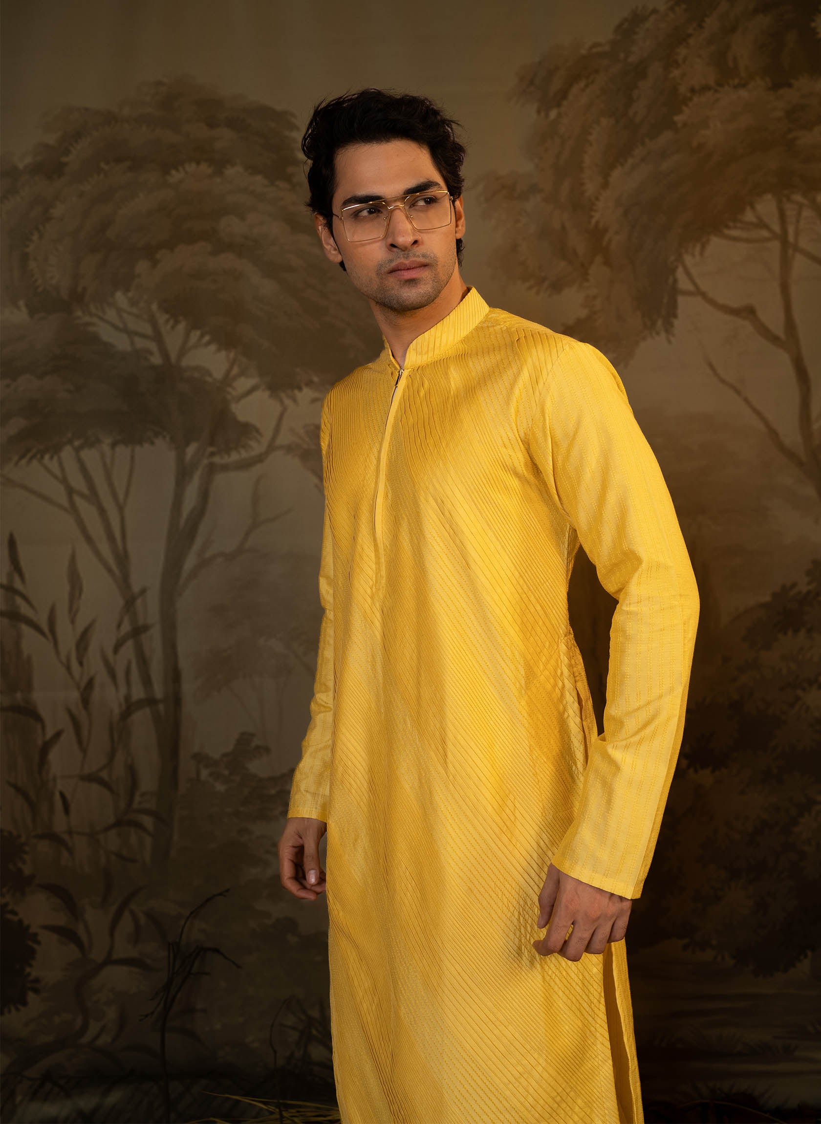 yellow-pintuck-kurta-set-with-zipper-opening