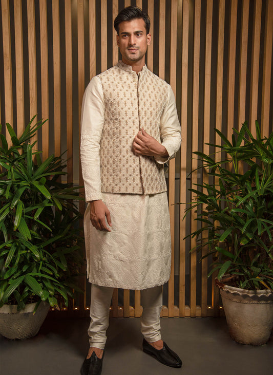 ivory-raw-silk-embroidered-bandi-with-kurta-set