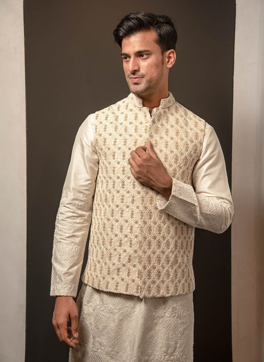 ivory-raw-silk-embroidered-bandi-with-kurta-set