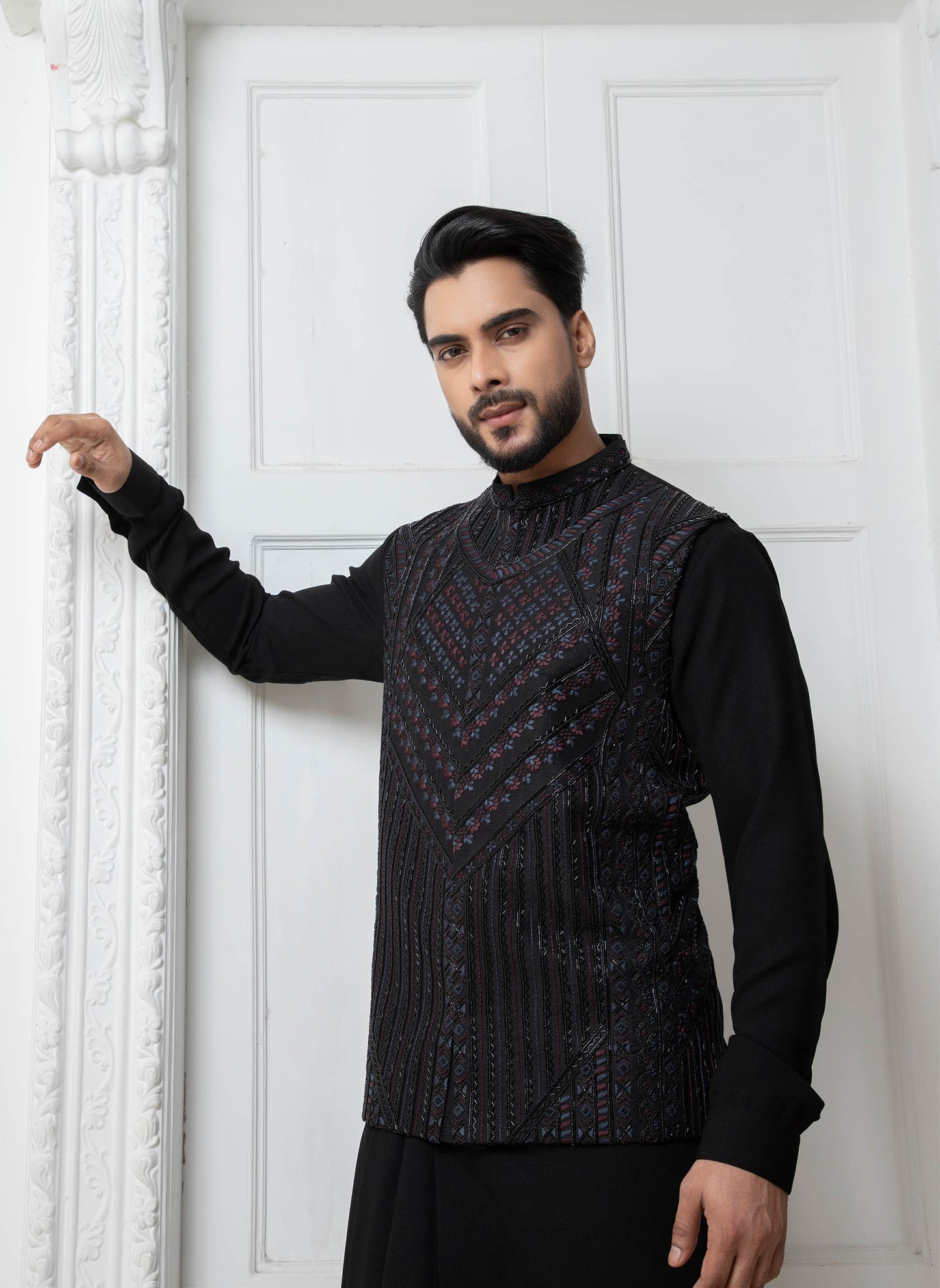Black Embellished Jacket with Draped Kurta Set