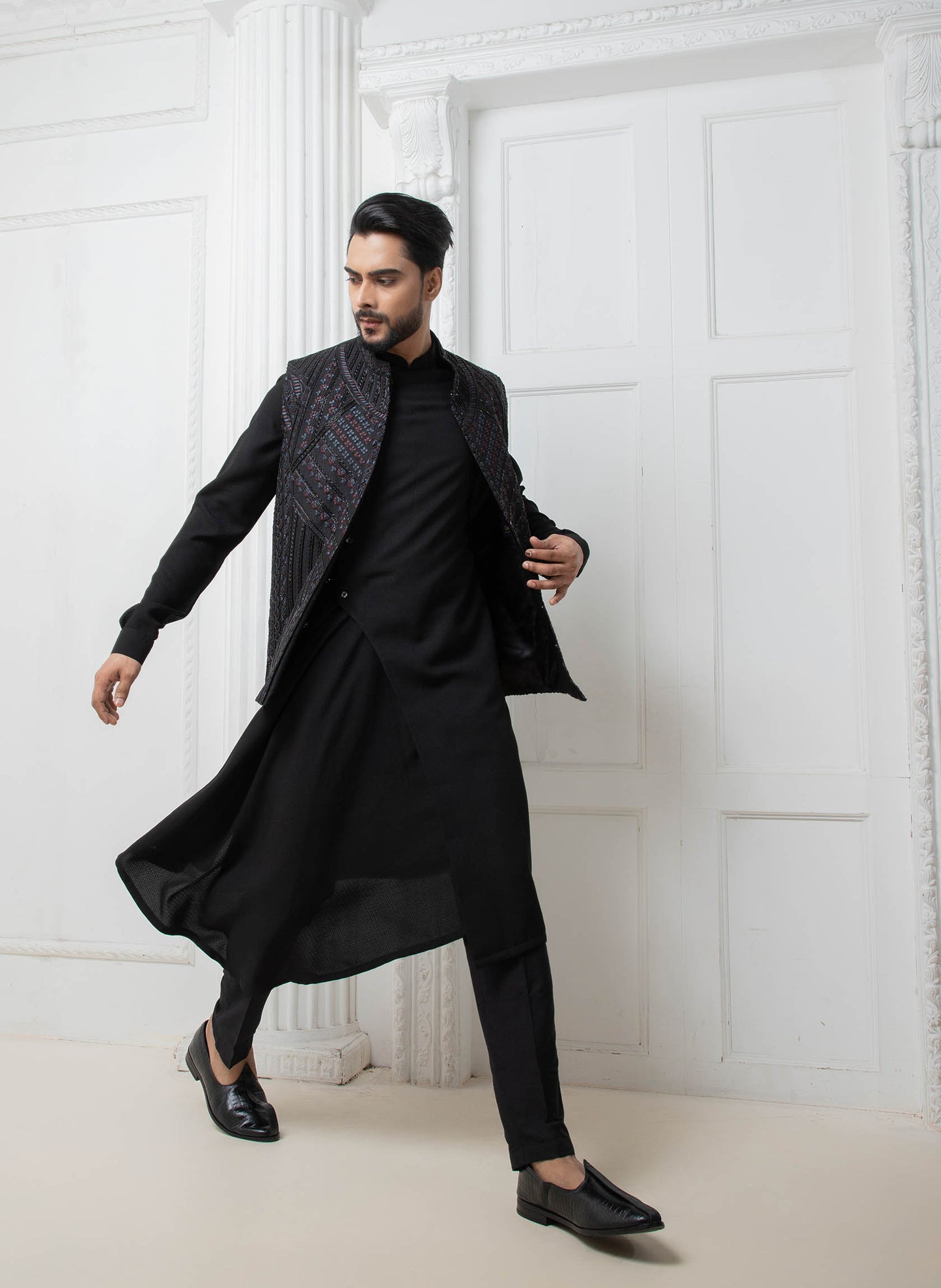 Black Embellished Jacket with Draped Kurta Set