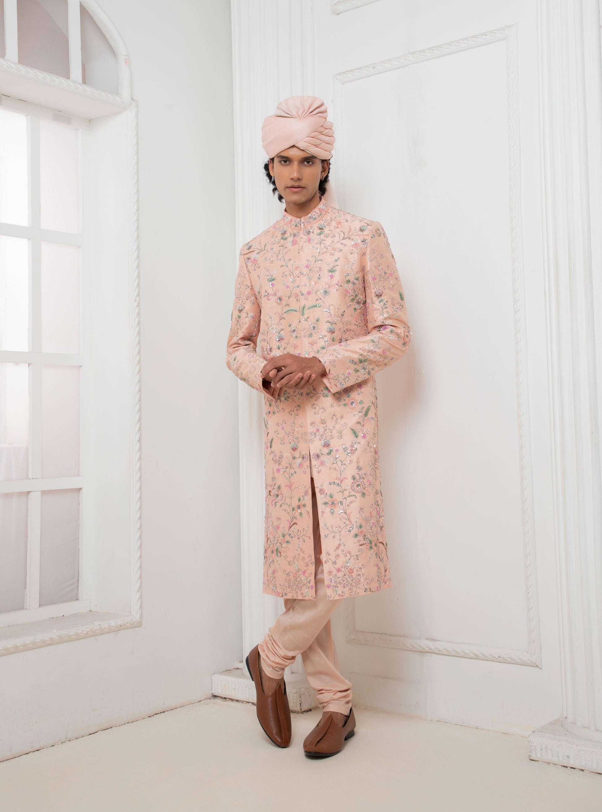 Pink Hand embroidered Sherwani with kurta set