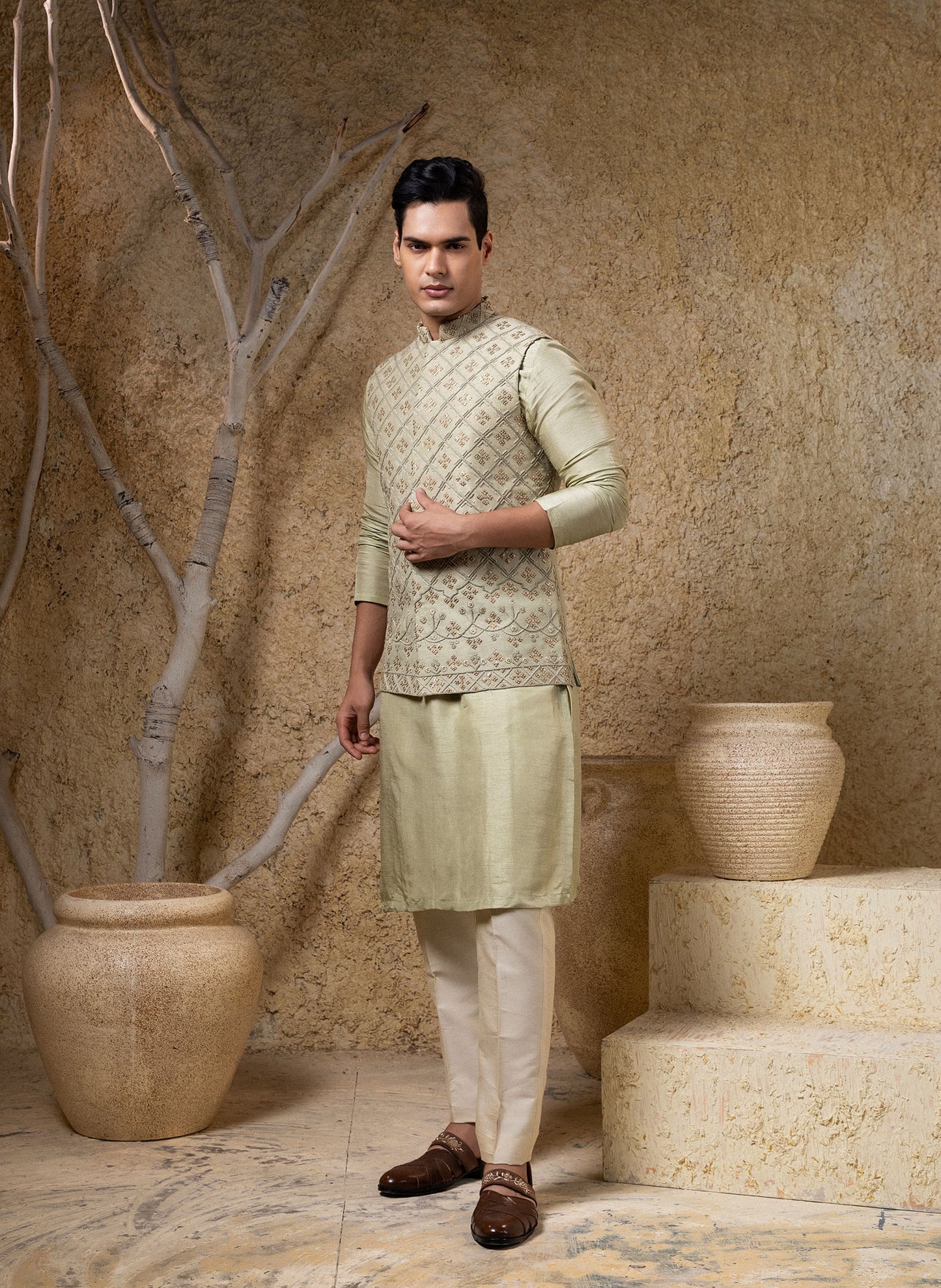 Hand Embroidered Zari Jacket Kurta Set