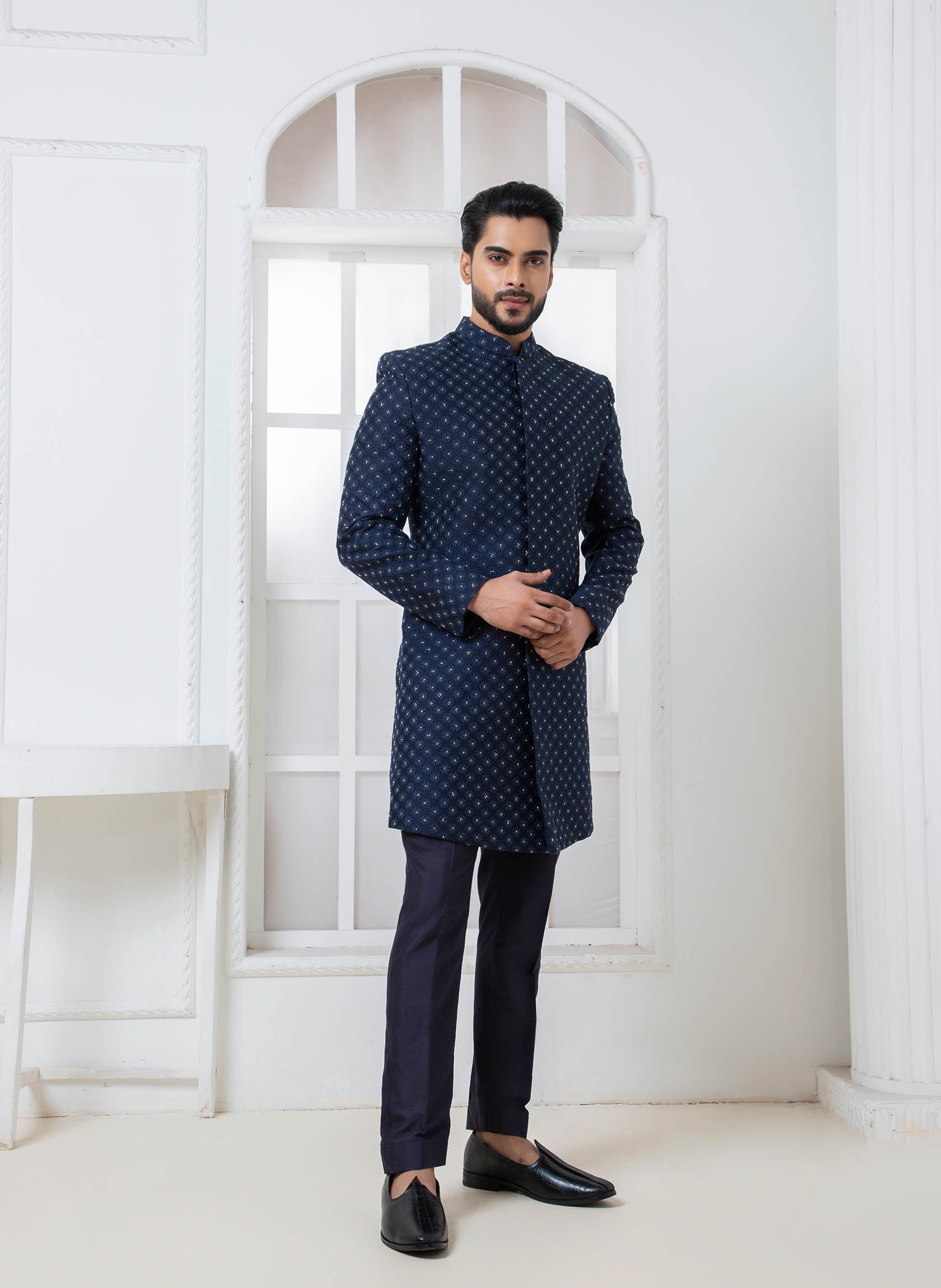 Navy Blue Embellished Bandhgala - Main Image