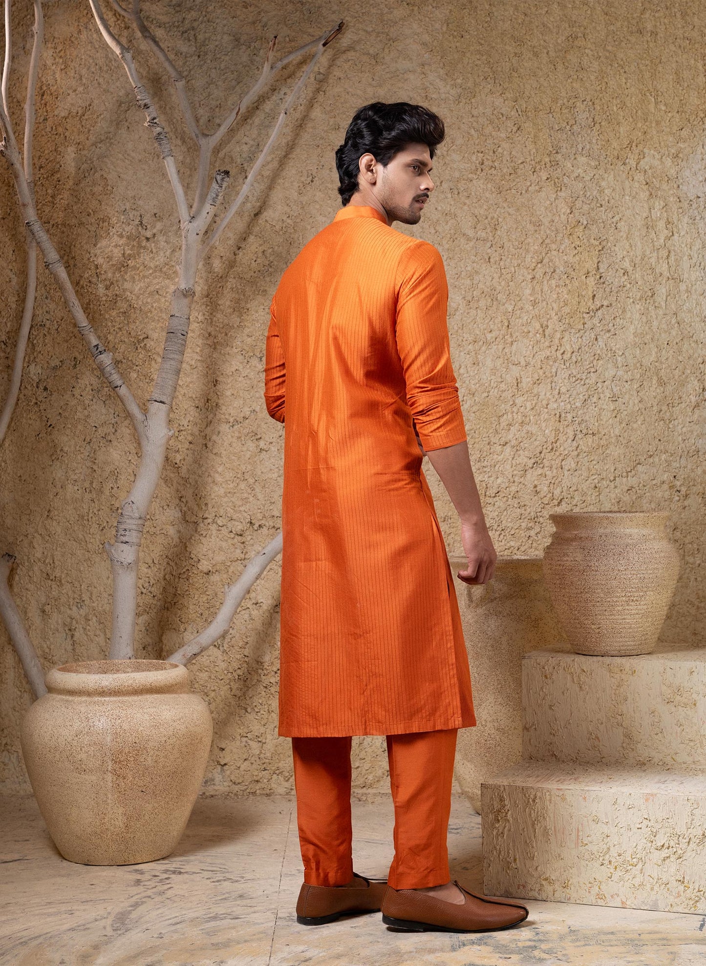 Orange Pintuck Kurta Set