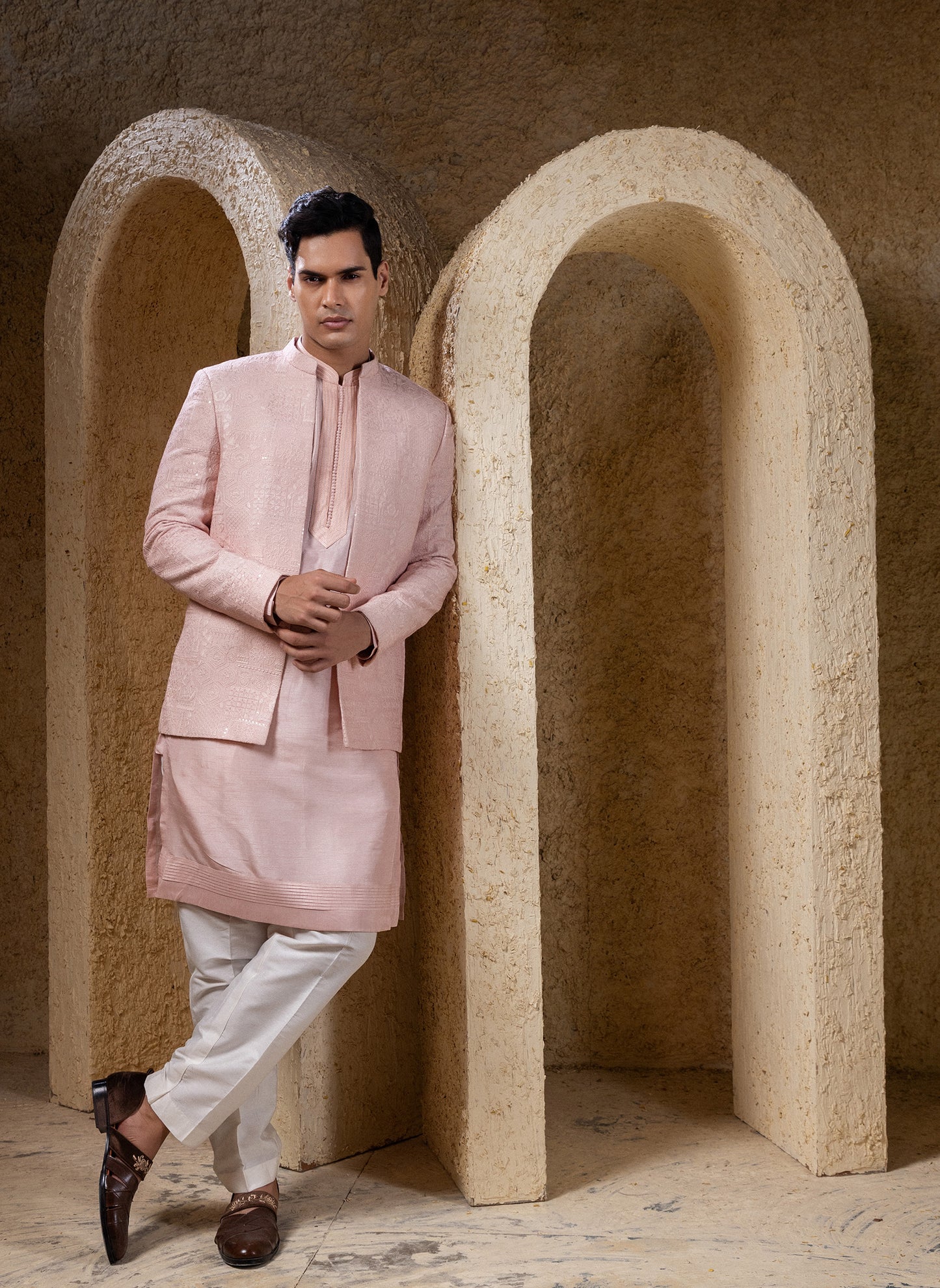 Pink Open Coat With Kurta Set