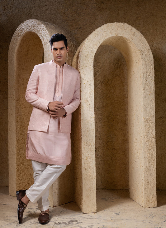 Pink Open Coat With Kurta Set