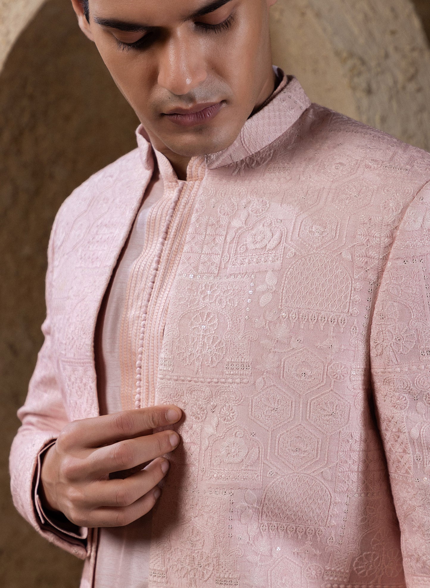 Pink Open Coat With Kurta Set
