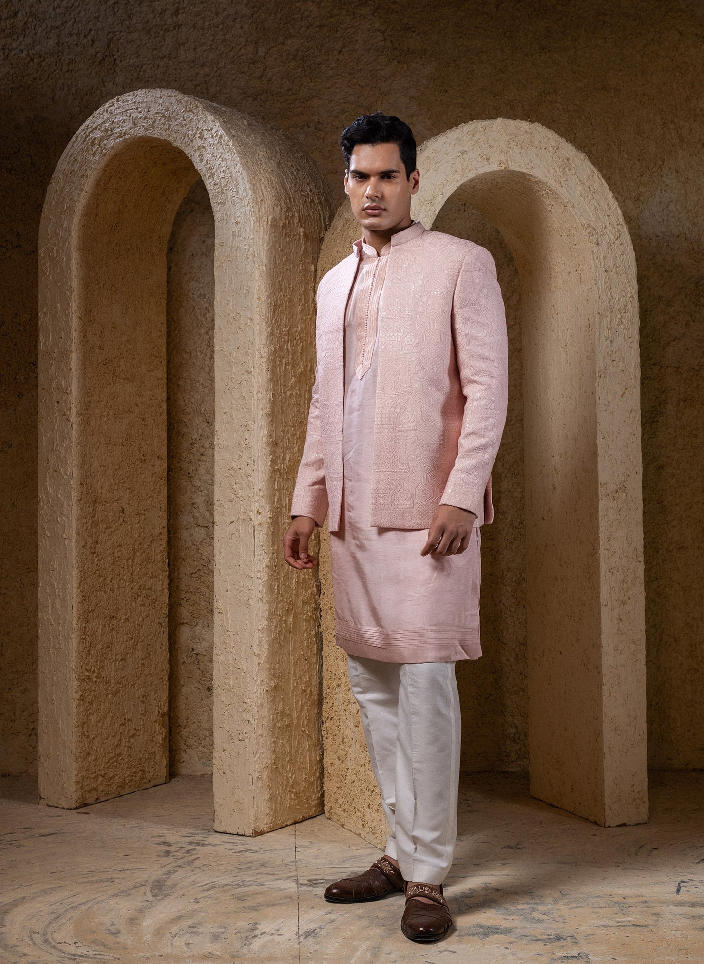 Pink Open Coat With Kurta Set