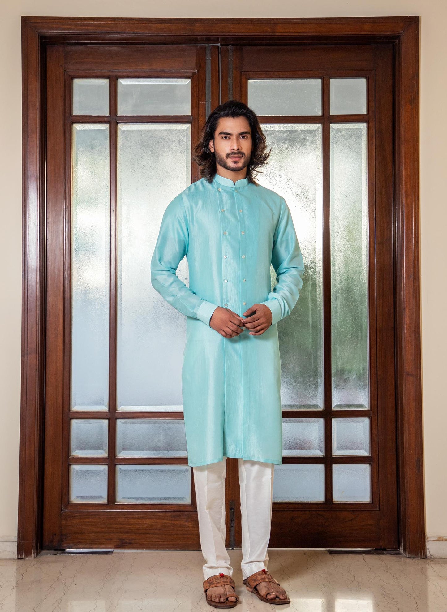 aqua-blue-double-breasted-kurta-set