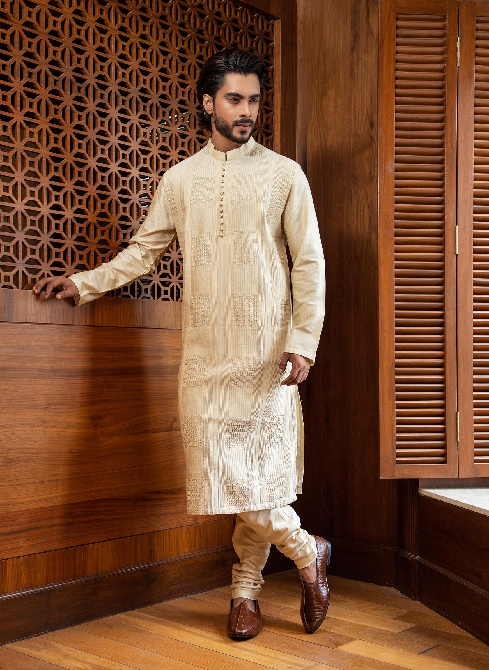 beige-pintuck-kurta-set