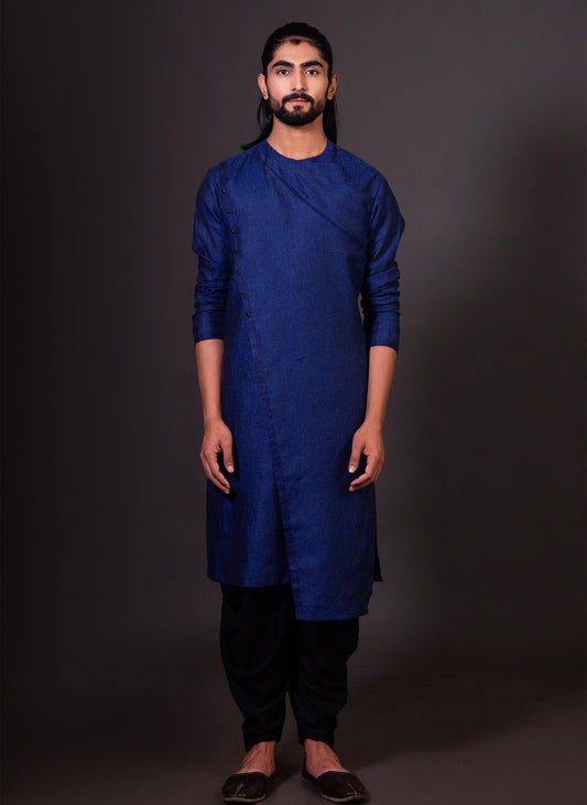 blue-linen-asymmetric-kurta-set