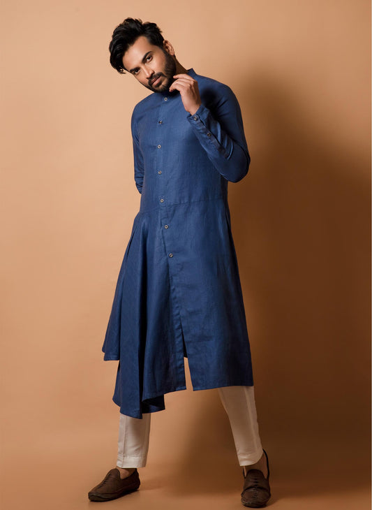 blue-linen-flared-kurta-set