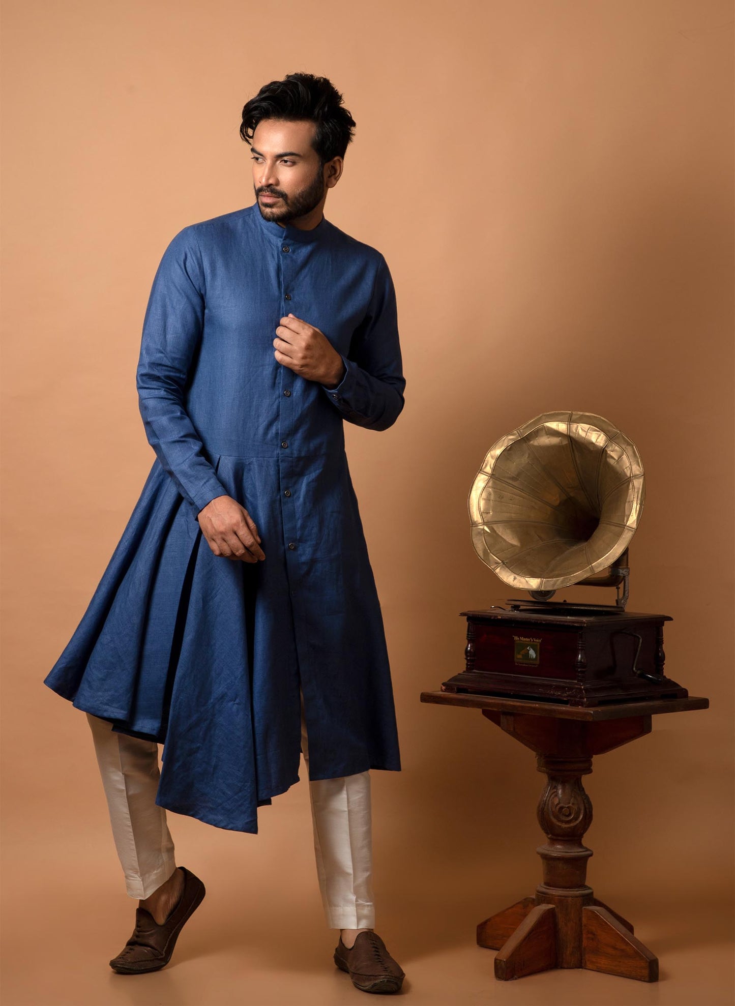 blue-linen-flared-kurta-set
