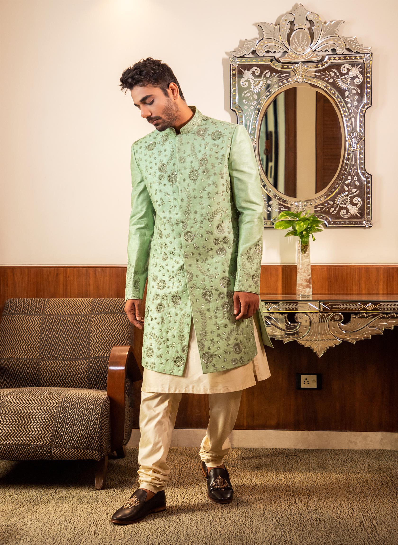 green-hand-embroidered-sherwani-with-kurta-set