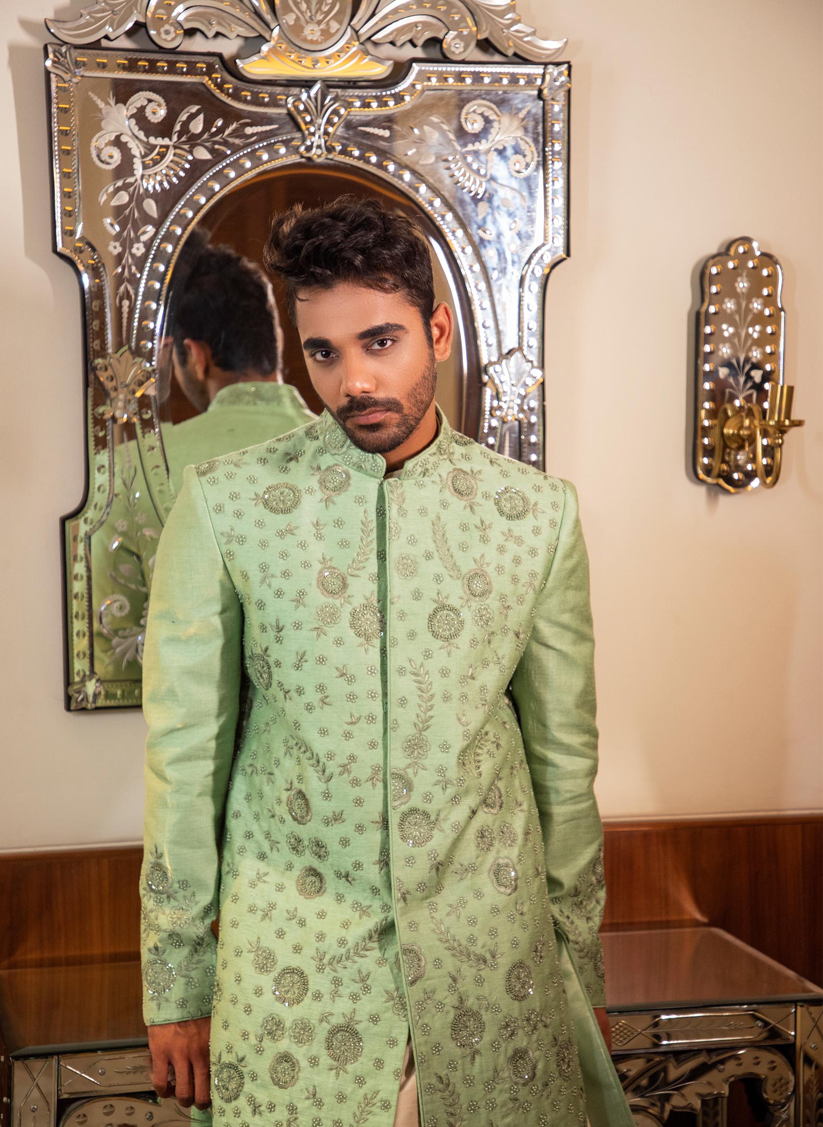 green-hand-embroidered-sherwani-with-kurta-set