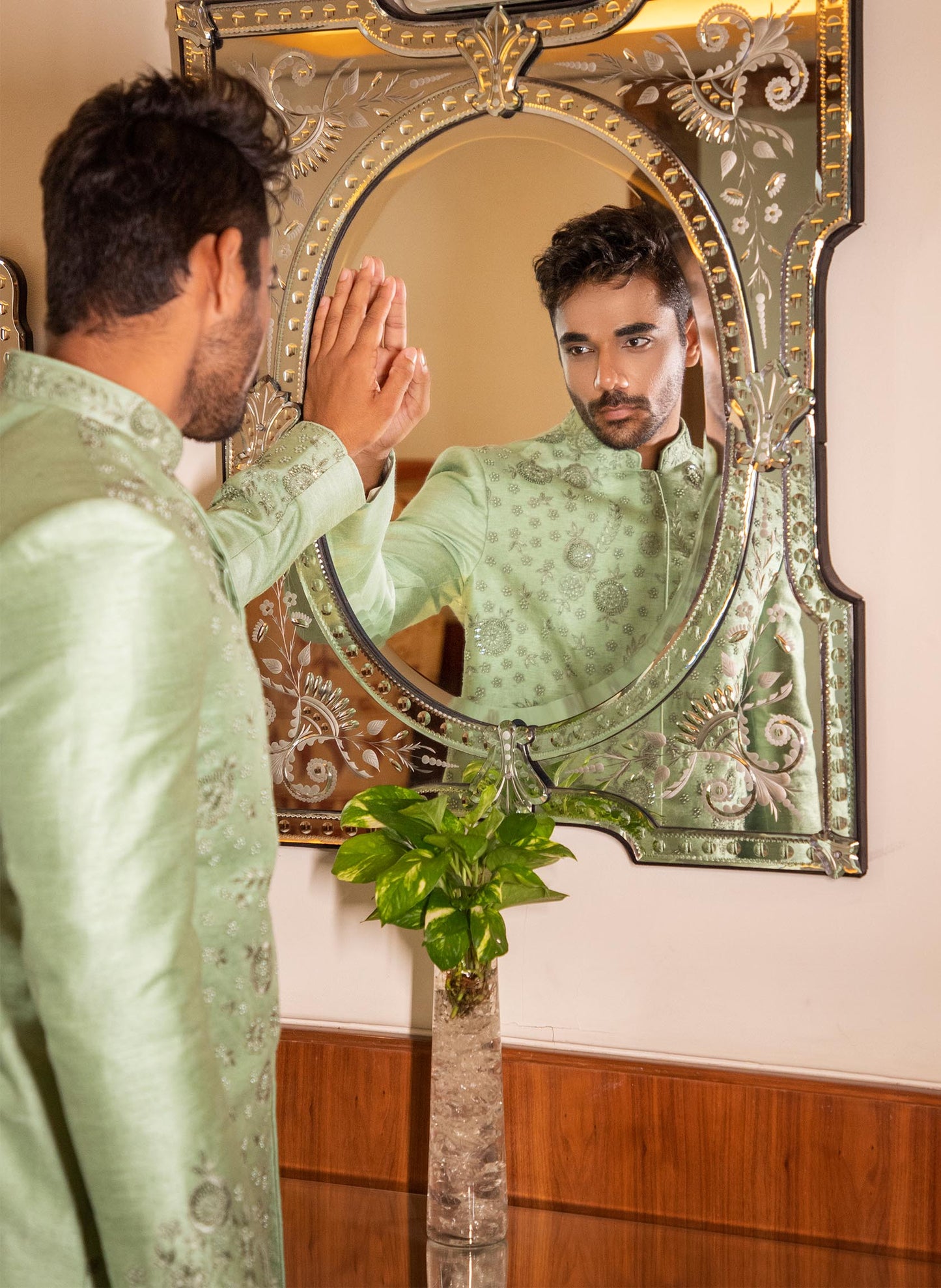 Green Hand Embroidered Sherwani with Kurta Set