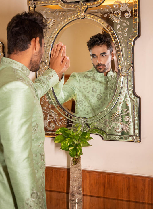 green-hand-embroidered-sherwani-with-kurta-set