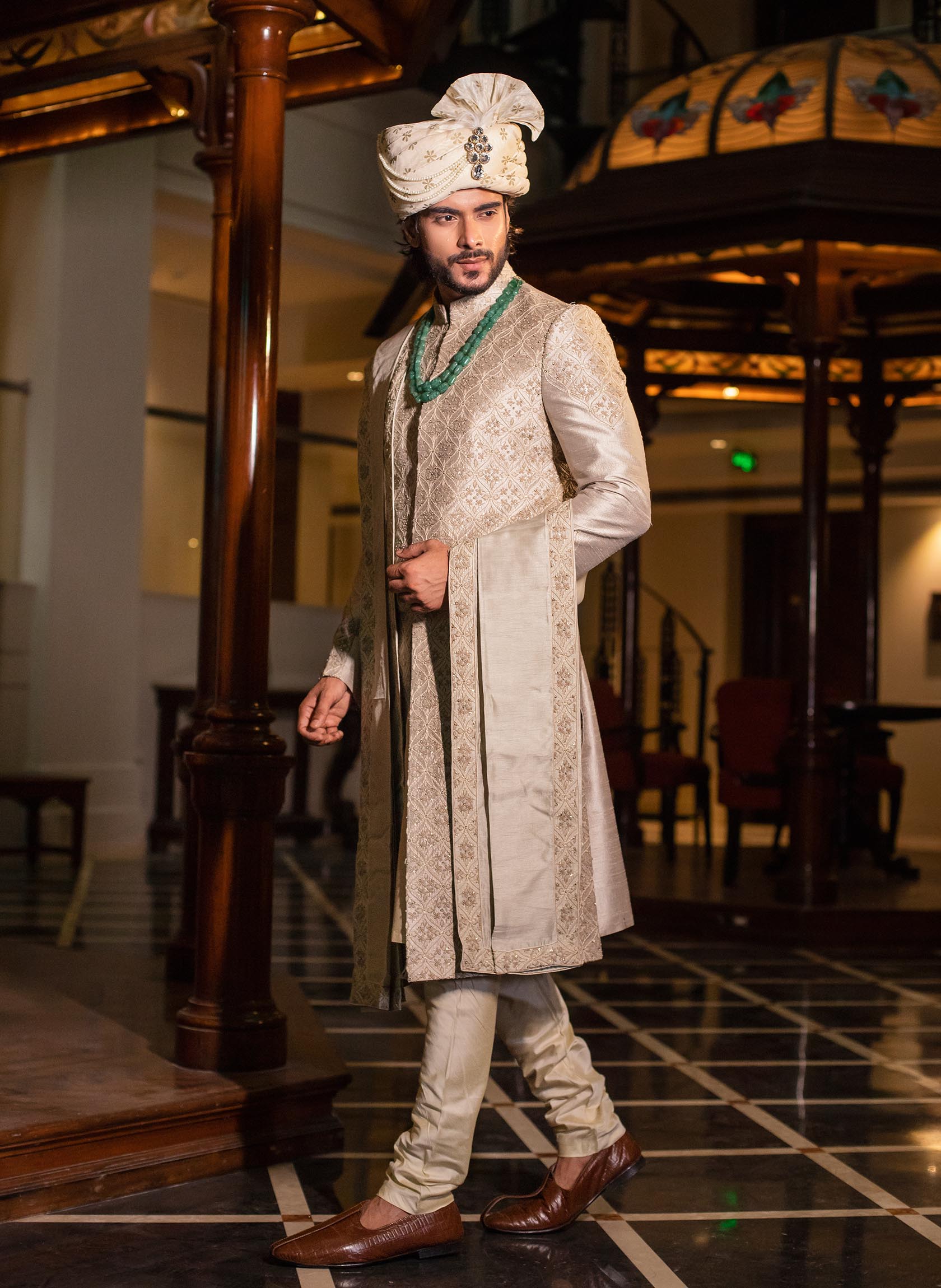 Hand Embroidered Sherwani with Kurta and Dupatta Set